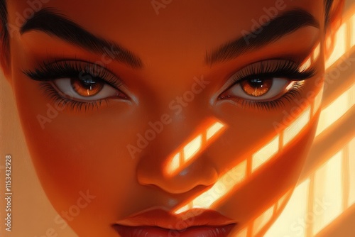 Close-up portrait of a young Black woman with striking brown eyes, illuminated by warm sunlight casting striped shadows across her face.