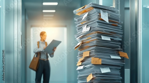 Worker exiting office leaving stack of papers behind office corridor document pile professional environment transitional moment for seo impact