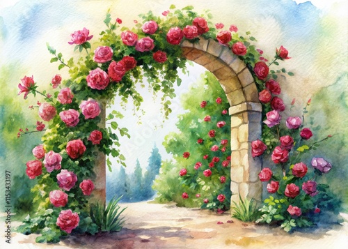 Fototapeta Naklejka Na Ścianę i Meble -  White background watercolor landscape features a floral rose arch, ideal for text.  Botanical illustration, romantic garden scene.