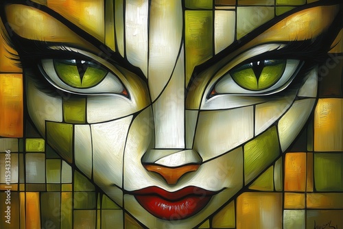 A striking abstract portrait of a woman with green eyes and bold red lips, featuring geometric patterns in warm hues.