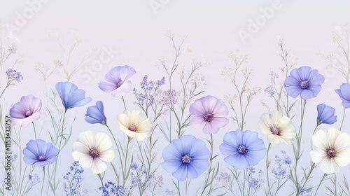 A seamless vector pattern featuring delicate blue, purple, and white garden flowers arranged in a vintage hand-drawn style on a soft pastel gradient background.