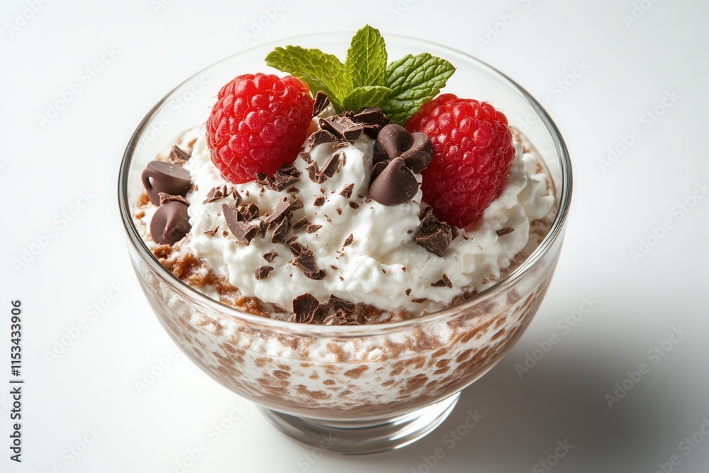 Chocolate chia seed pudding decorated with whipped cream, raspberries and chocolate shavings Chocolate chia seed pudding decorated with whipped cream, raspberries and chocolate shavings