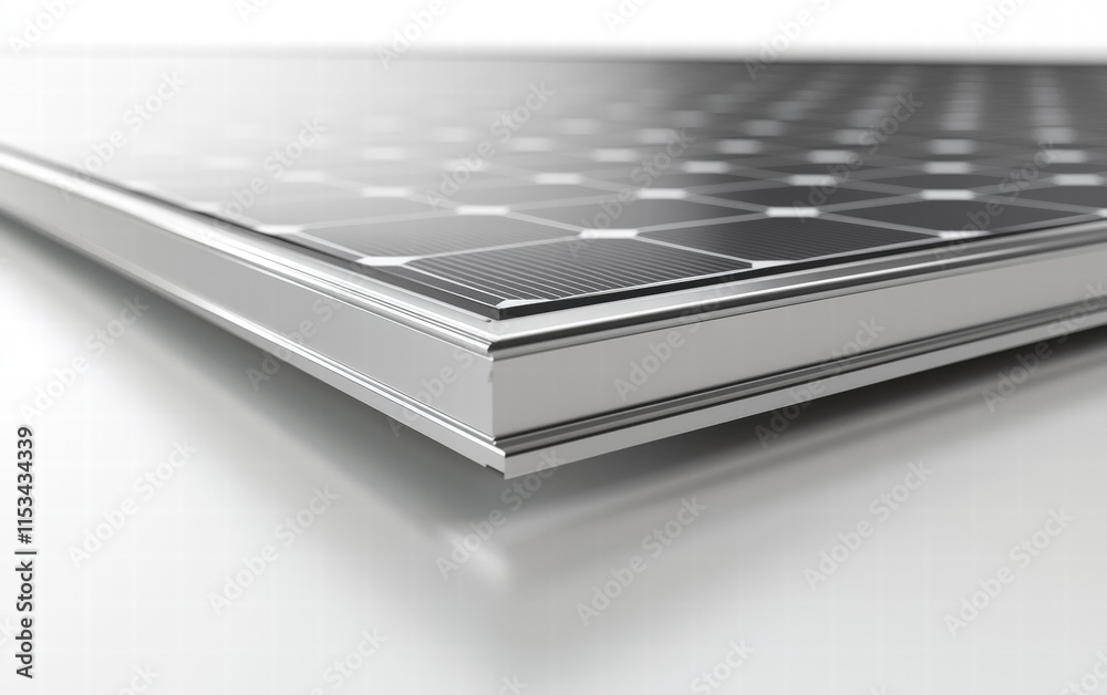 A close-up of a 3D-rendered solar panel showing its detailed photovoltaic cells and smooth metallic border, on a bright white surface A close-up of a 3D-rendered solar panel showing its detailed photovoltaic cells and smooth metallic border, on a bright white surface