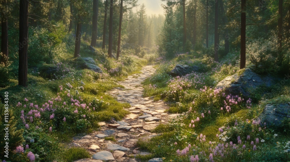 Fototapeta premium Sunlit Forest Path Flowers Stone Pathway