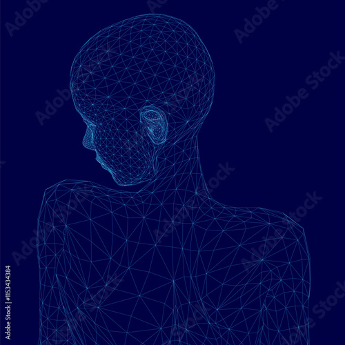 Woman's head is shown in a blue background. The head is made up of many lines and dots, giving it a very abstract and futuristic appearance. Scene is one of curiosity and wonder