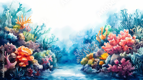 Fototapeta Naklejka Na Ścianę i Meble -  Underwater coral reef watercolor painting. Seafloor. Illustration