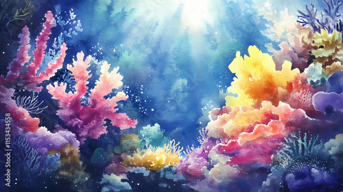 Fototapeta Naklejka Na Ścianę i Meble -  Underwater coral reef watercolor painting. Seafloor. Illustration