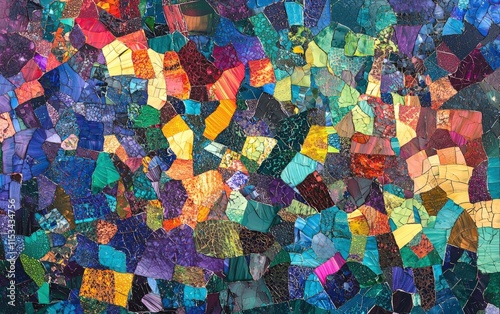 A colorful mosaic of irregular shapes in rich jewel tones like emerald, sapphire, and ruby, forming a vibrant abstract collage photo