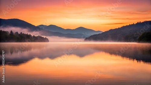 A peaceful lake surrounded by mountains during sunset, with soft mist over the water background.