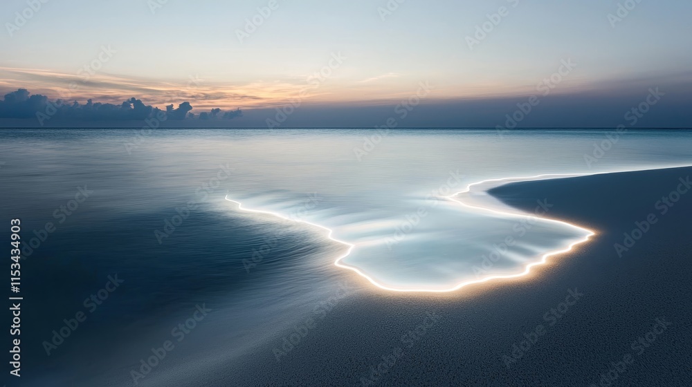 Fototapeta premium Tranquil Seascape at Dusk: Serene Waves Glistening on the Shoreline with Soft Hues of Sunset Reflection and Gentle Light, Creating a Dreamlike Atmosphere