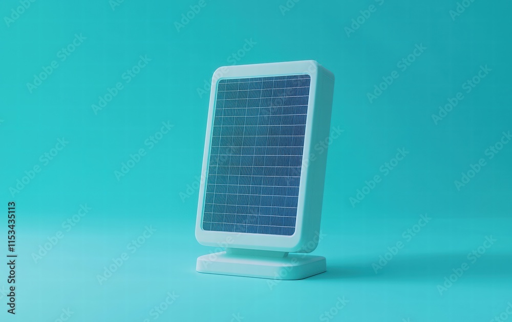 A compact solar panel with realistic textures, isolated on a bold aquamarine background A compact solar panel with realistic textures, isolated on a bold aquamarine background