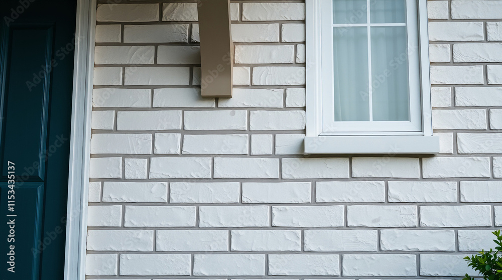 Fototapeta premium Close-up view of a section of a house's exterior. Features off-white brickwork, a teal door, and a white-framed window. A portion of a beige support beam is visible.