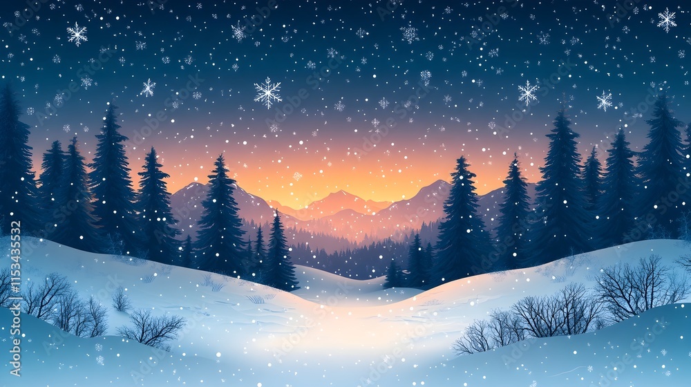 a stylized vector illustration of a january calendar page, surrounded by a snowy landscape with pine trees, hills, and gentle snowfall. 