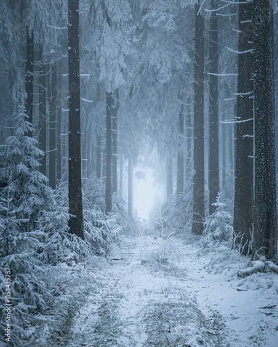 Fototapeta Naklejka Na Ścianę i Meble -  Serene winter forest path with snow-covered trees.