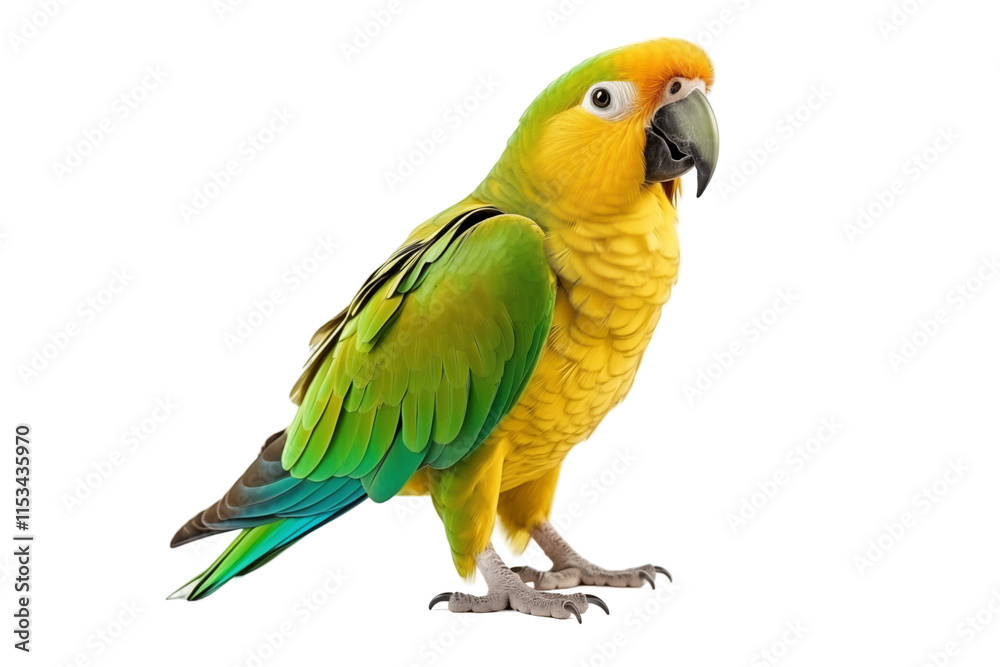 Fototapeta premium Vibrant Tropical Parrot Isolated on Transparent Background - Colorful Illustration with Precise Details for Design, Creative Projects, and Exotic Decorations - Perfect for Art, Advertising. Png cut.