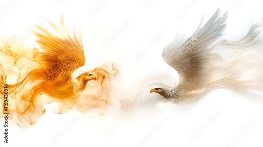Obraz premium Majestic Eagles in Flight with Colorful Smoke Trails Illustrating Freedom and Power in Dynamic Motion for Artistic Themes and Symbolic Representations