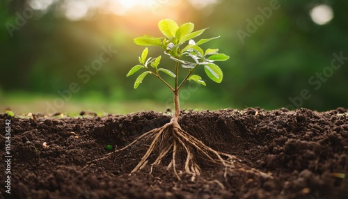 A young tree or plant with visible roots, symbolizing stability, commitment, and building a foundation 