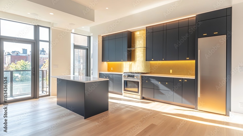 A chic kitchen with navy blue cabinets, a gold backsplash, picture A chic kitchen with navy blue cabinets, a gold backsplash, picture