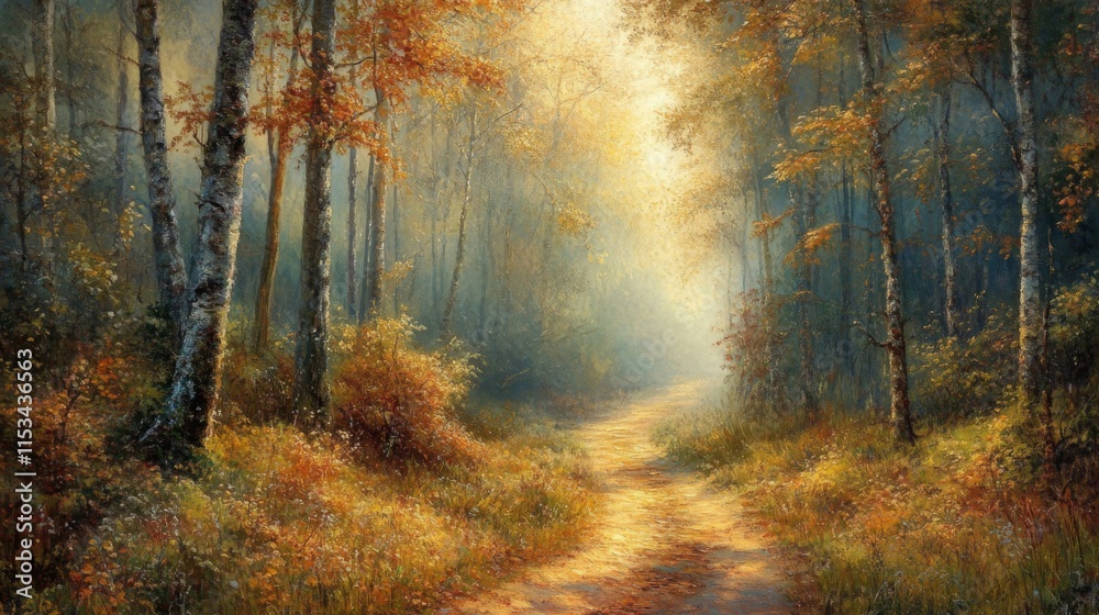 Autumn Path Through A Sunlit Birch Forest Autumn Path Through A Sunlit Birch Forest