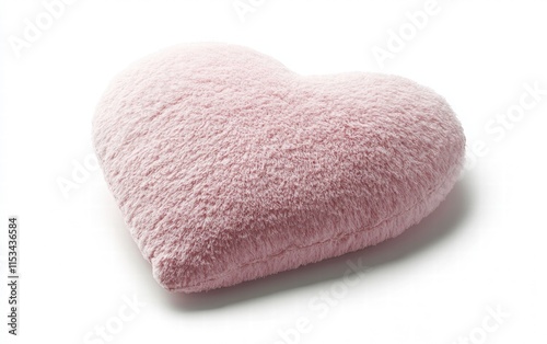 A decorative pink heart-shaped pillow, designed for valentines day decor, on a bright white background
