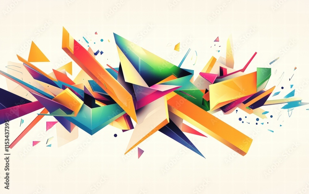 A dynamic composition of colorful geometric shapes with sharp edges and gradients, creating a vibrant abstract design on white A dynamic composition of colorful geometric shapes with sharp edges and gradients, creating a vibrant abstract design on white