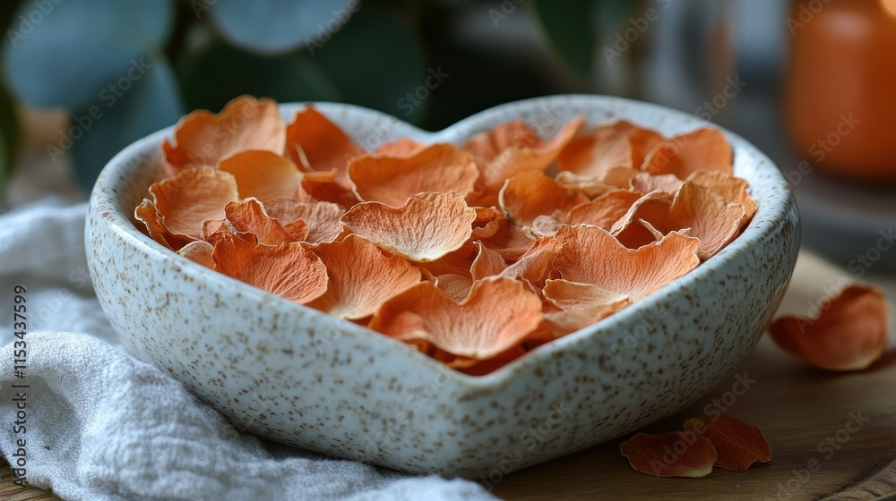 Dried orange rose petals in a heart-shaped bowl. Dried orange rose petals in a heart-shaped bowl.