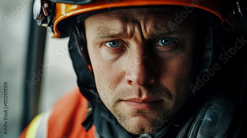 A firefighter with serious and tired face, wearing hemlet picture photo