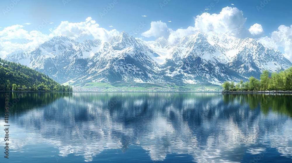 Fototapeta premium Stunning snow-capped mountains reflected in a calm lake.