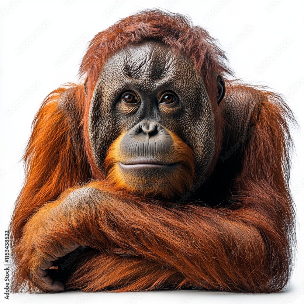 Fototapeta premium An isolated orangutan captured in a close-up on a white backdrop.