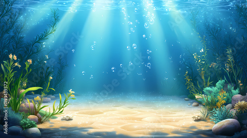 Sunbeams illuminate sandy ocean floor with aquatic plants. Seafloor. Illustration