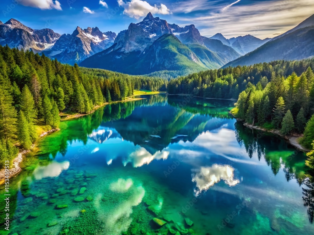 Drone View Pristine Mountain Lake, Aerial Photography, Serenity, Nature, Landscape Drone View Pristine Mountain Lake, Aerial Photography, Serenity, Nature, Landscape