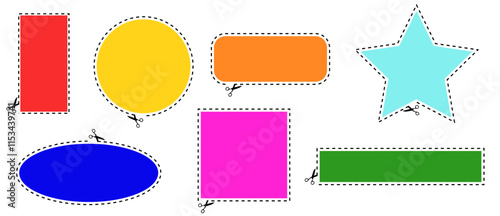 Dotted outline of oval, star, rectangle for coupon and prices. Cut here. Basic geometric shapes design border.