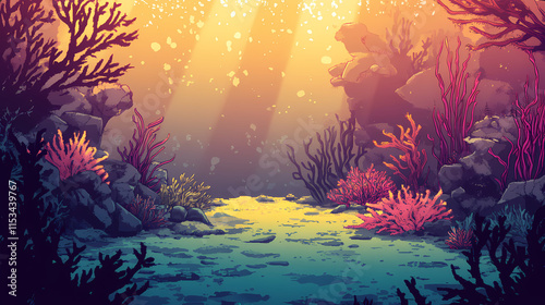 Fototapeta Naklejka Na Ścianę i Meble -  Sunlight filtering down on the seafloor with seaweed, coral reef, sunlight. Seafloor. Illustration