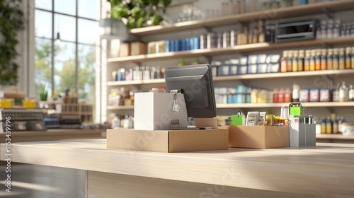 Wallpaper Mural Workstation in a Modern Retail Store Featuring Cash Register, Office Supplies, and Bright Natural Light Streamed Through Large Windows Torontodigital.ca