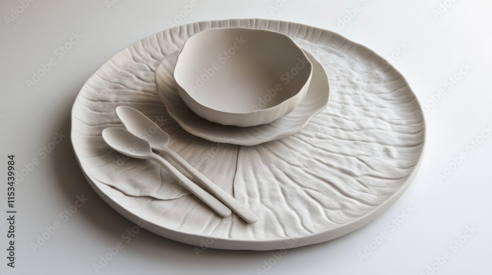 Elegant ceramic tableware set on white background.