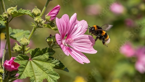 Early Bumblebee Bombus pratorum on Pink Wild Tree Mallow Flower, Wicklow, Ireland Aerial View photo