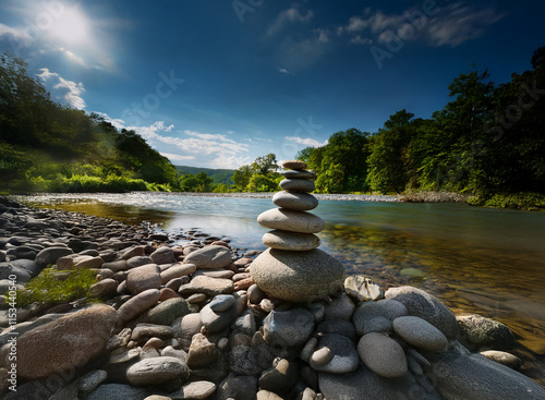 Serene riverside scene featuring a carefully balanced stack of stones, symbolizing peace and tranquility under a bright, sunny sky.  The calm water reflects the surrounding lush greenery and mountains photo