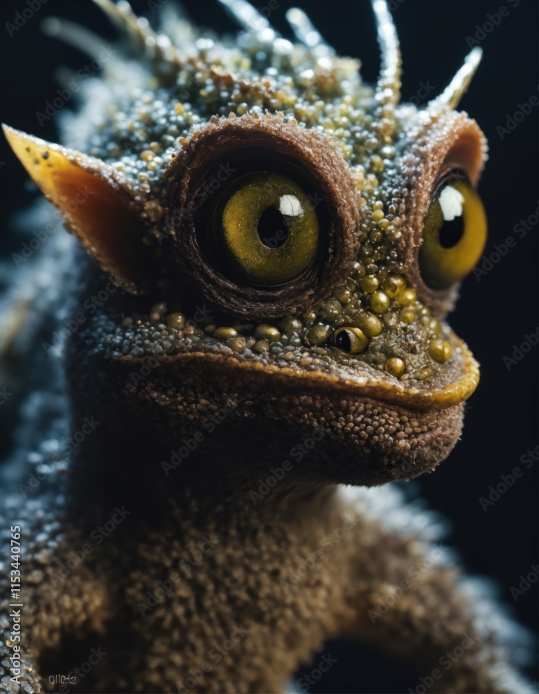 Obraz premium Colorful Fantasy Creature With Bright Features, Detailed Portrait of Mythical Alien Creatures with Large Eyes and Wrinkled Skin