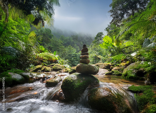 Serene rainforest scene.  A carefully balanced rock cairn sits amidst a tranquil stream, surrounded by lush vegetation and misty mountains.  Sunlight filters through the canopy. photo