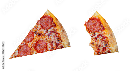 The whole slice and the bitten fresh tasty pepperoni pizza slice isolated on white background.