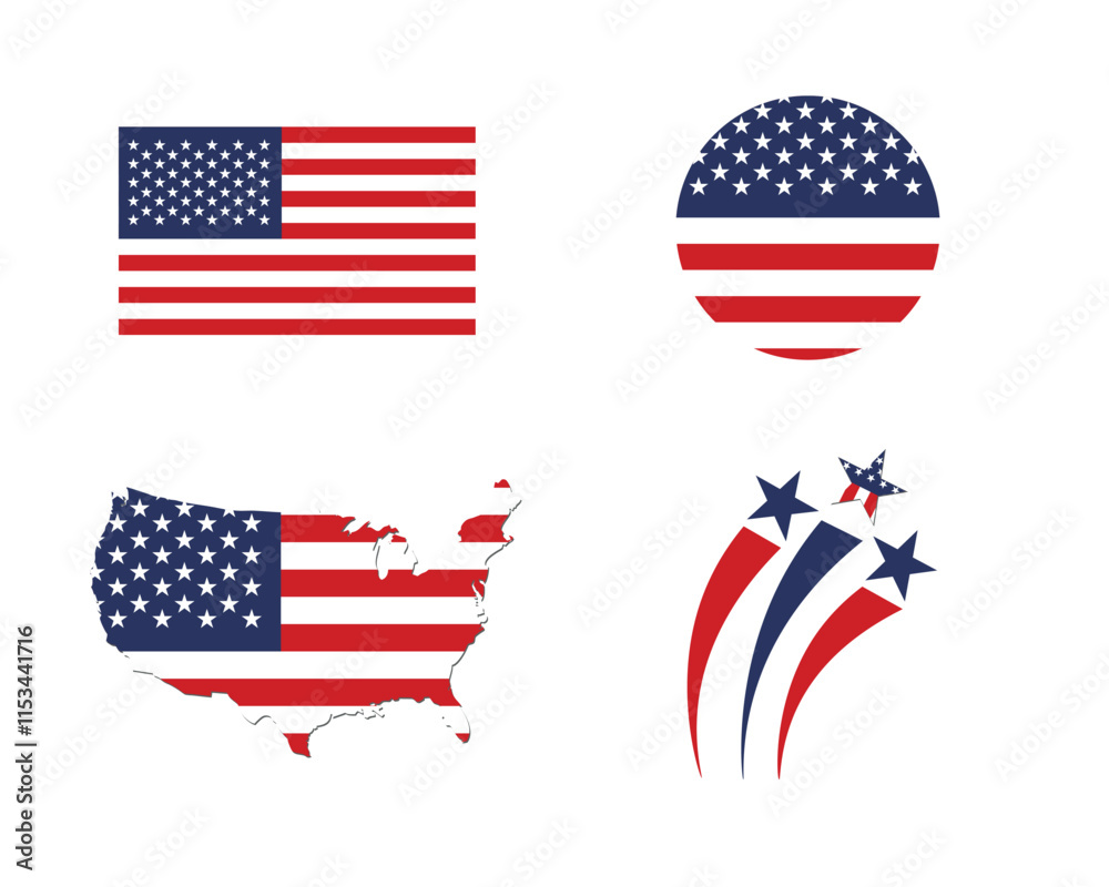 USA flag icons vector set. United States of America flat badges. Flag of usa vector flat symbol collection. USA flag labels set. Set of American flag icons in various shape. USA flag icons vector set. United States of America flat badges. Flag of usa vector flat symbol collection. USA flag labels set. Set of American flag icons in various shape.