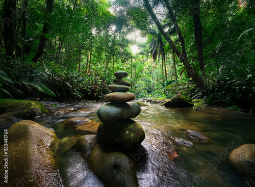 Serene scene of a carefully balanced rock cairn beside a tranquil stream in a lush, green rainforest. Sunlight filters through the dense canopy.  A peaceful, natural setting. photo