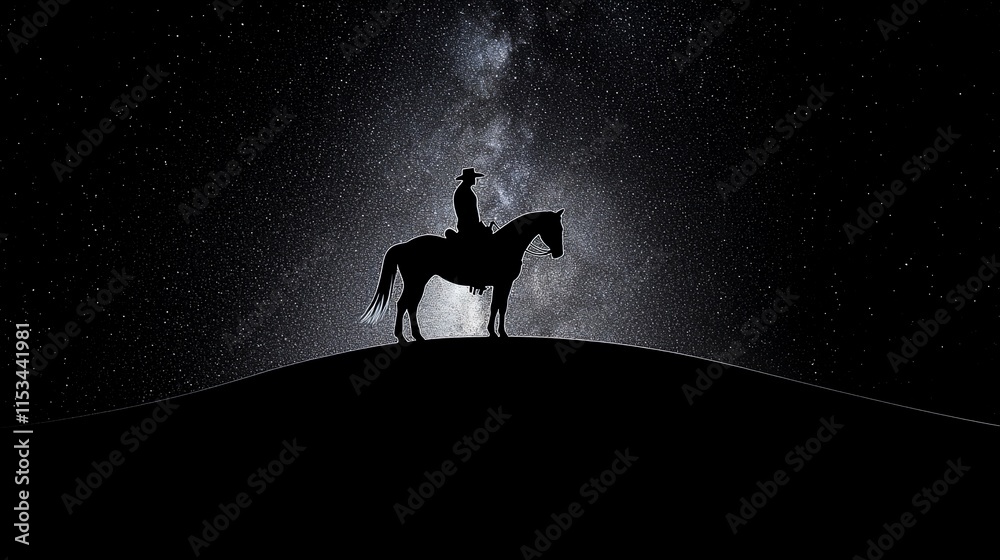Fototapeta premium Cowboy silhouetted on horseback against a starry night sky.