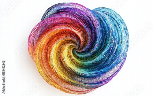 A hypnotic swirl of bold rainbow colors creating an intricate spiral effect, isolated on a pure white background