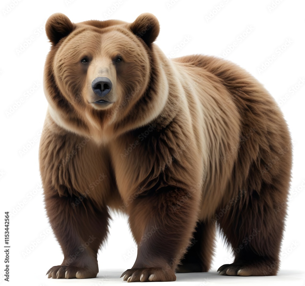 Fototapeta premium A large brown bear standing in the foreground against a plain white background