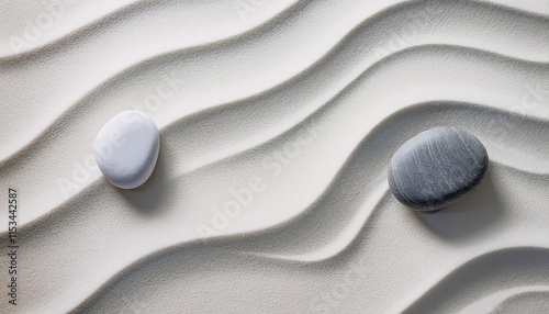 Serene patterns in white sand create a calming atmosphere, enhanced by two meticulously placed stones photo