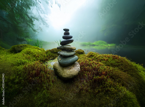 Serene stones stacked amidst a misty, moss-covered forest landscape.  The tranquil scene evokes peace and balance. photo