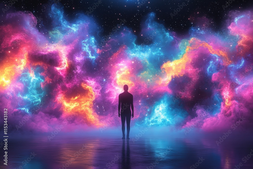 Fototapeta premium A silhouetted figure stands in awe against a vibrant cosmic backdrop, filled with swirling colors and ethereal clouds.