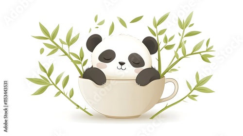 A cute panda resting in a teacup surrounded by bamboo leaves.