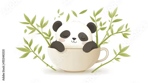 Obraz A cute panda resting in a teacup surrounded by bamboo leaves.